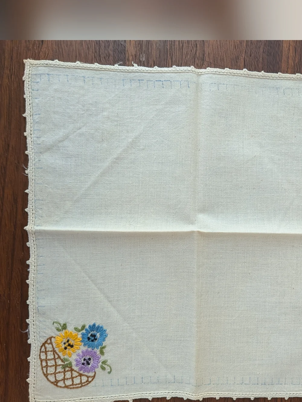 Vintage Hand Embroidered Line Napkins Set 4 Cottagecore Floral Basket 11x11